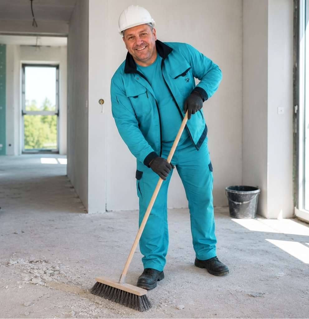 Mitarbeiter der Reinigungsfirma SauberProjekt bei der Baustellenreinigung in Berlin