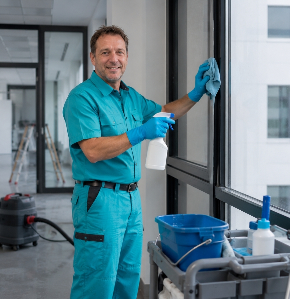 Mitarbeiter der Reinigungsfirma SauberProjekt bei der Baustellenreinigung in Berlin beim Fensterreinigen
