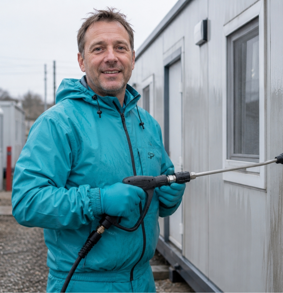 Mitarbeiter der Reinigungsfirma SauberProjekt bei der Containerreinigung in Berlin