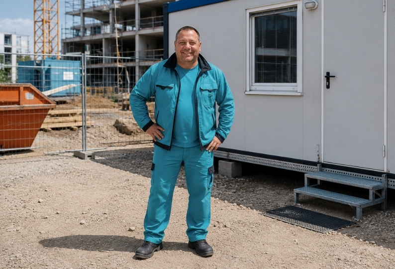 Mitarbeiter der Reinigungsfirma SauberProjekt bei der Containerreinigung in Berlin vor einem Bürocontainer