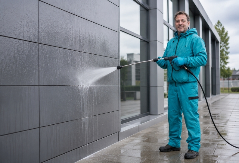 Mitarbeiter der Reinigungsfirma SauberProjekt bei der Fassadenreinigung in Berlin vor einer sauberen Fassade