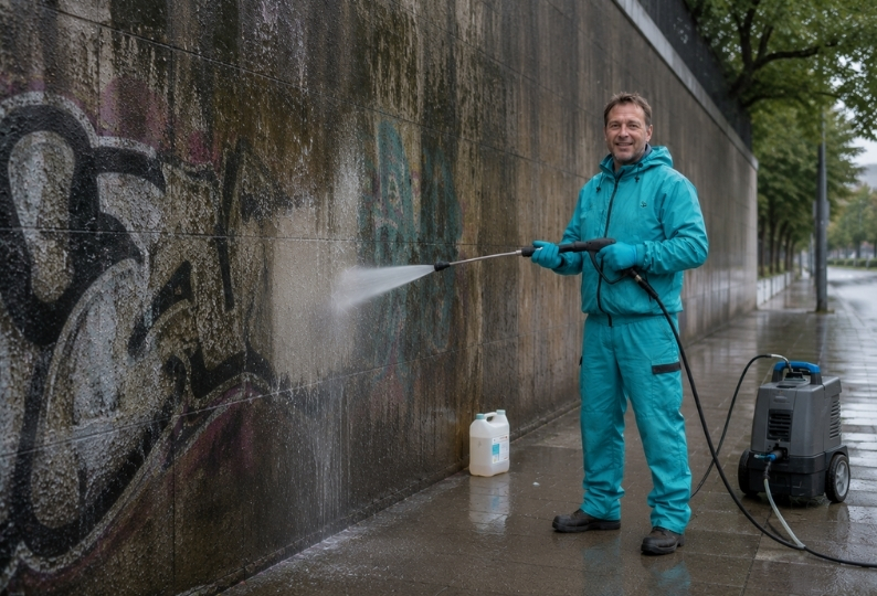 Mitarbeiter der Reinigungsfirma SauberProjekt bei der Graffitientfernung in Berlin vor einer beschmierten Wand