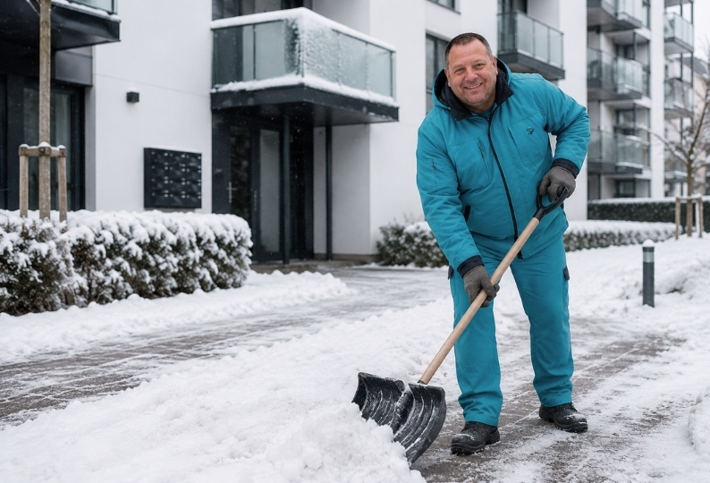 Mitarbeiter der Reinigungsfirma SauberProjekt macht Hausmeisterdienste in Berlin (Schneeschippen)