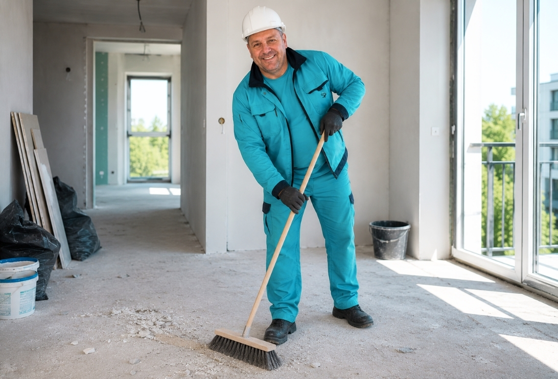 Mitarbeiter von SauberProjekt, einer Reinigungsfirma in Berlin, bei der Baustellenreinigung